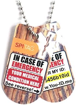 COPD Medical Alert Necklace 2 x ID Dog Tag Talisman on Ball Chain. Emergency Identity Device Capable of Sending SMS Alerts to Loved Ones Family and Contacts In Case of Emergency* High Quality PVC Pendant Printed with COPD Chronic Obstructive Pulmonary Disorder and Unique ID Number to Access Your Unlimited Vital Lifesaving Medical Info. (Wood)