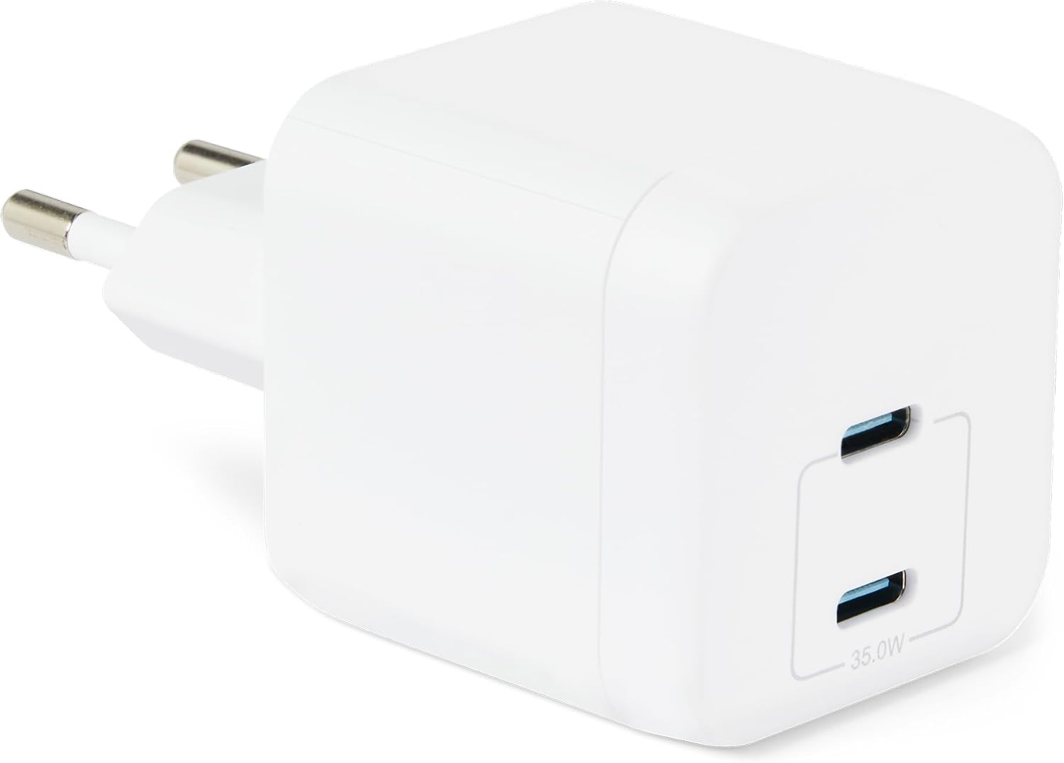 Amazon Basics Cargador de Pared USB-C Nano GaN de Carga Rápida, 35W y 2 Puertos para Tablets y Teléfonos, Blanco