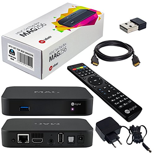MAG 256 Original IPTV SET TOP BOX Multimedia Player Internet TV IP Receiver (HEVC H.256 fähig) + HDMI Kabel + WLAN WIFI Adapter Nano