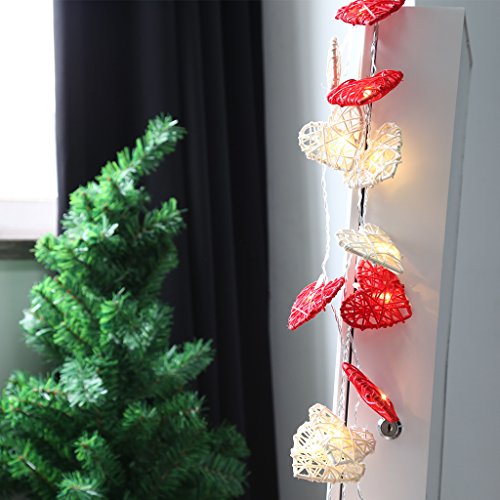 LED Herz Lichterkette 20er Partylichterkette Weihnachtslichterketten Deko für Innen Balkon Party Hochzeit Weihnachten batterie-betrieben Rattan Gewebe rot warmweiß 3.55m