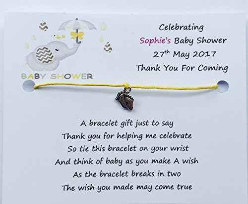5 x Personalised Baby Shower Wish Bracelets Favours/Gifts Choose From 2 Designs And 4 Colours (Elephant Yellow)