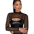 Mesh Crop Tops for Women, Black Mock Neck Long Sleeve Crop Top Cover Up, Sexy See Through Shirt Top Slim Fit Mesh Top for Swim Beach Clubwear Yoga Sports