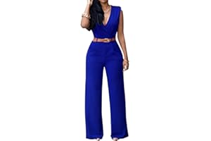 Minetom Femme Casual Col V sans Manches Jumpsuit Rompers Irrégulier Taille Haute Longues Pantalons Ensembles avec Ceinture