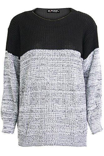 Womens Ladies Chunky Knitted Long Sleeves Round Neck Contrast Block Jumper Top