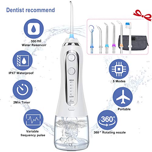 Duomishu Hydropulseur Jet Dentaire 300ML, Irrigateur Oral Professionnel Rechargeable IPX7 Étanche Jet Dentaire Sans Fil avec 6 Buses-5 modes-2 Bouton USB Jet Hydropulseur pour Soins Hygiène de Dents