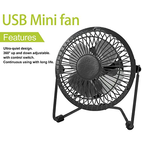 Mini Ventilator USB leise Computer Tischventilator Schreibtisch Lüfter Glamouric Tragbarer Windmaschine 4 Zoll 360°Drehbar anschluss Gehäuse Rotorblätter aus Metall Fan Für Büro Laptop (Schwarz) - 3