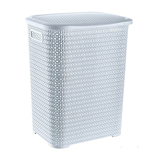 WTC XXL Wäschekorb 69 L mit Deckel Flechtoptik Wäschetruhe Wäschebox Wäschetonne Wäschesammler aus Kunststoff (Weiss)
