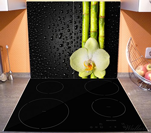 Wallario Herdabdeckplatte / Spritzschutz aus Glas, 2-teilig, 60x52cm, für Ceran- und Induktionsherde, Grüne Orchidee mit Bambus auf schwarz – Regentropfen - 3
