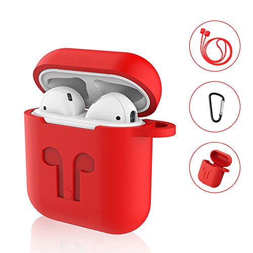 Funda AirPods,custodia en Estuche Silicone Skin con Correa Sport con portachiavi en Metal para Apple AirPods Estuche Protector 3 en 1 (Rojo)