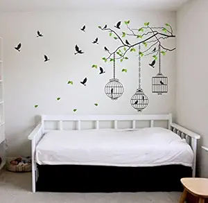 Decals Design 'Tree Branches with Leaves Birds and Cages' Wall Sticker (PVC Vinyl, 50 cm x 70 cm, Multicolour)