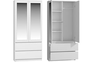 WHATSIZE ENTERPRISE Mirrored Wardrobe with Drawers - Double Closet for Bedroom - 2 Door Wardrobe with Drawers, Shelves and Hanging Rail - Modern Bedroom Furniture, White