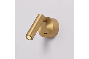 DAWALIGHT Brass Wall Lights Indoor Mains Powered 3W LED 3000K Warm White Bedside Light with Switch 320° Rotatable Wall Lamp for Reading Bedroom Living Room Hotel, Aluminum