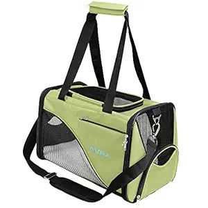Katziela Pet Carrier - Soft Sided, Airline Approved Carrying Bag for Small Dogs and Cats, Front, Side and Top Mesh Ventilation Windows, Storage Pocket and Safety Leash Hook - Green