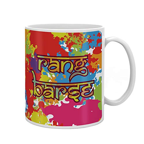 Indigifts Holi Special Rang Barse Quote Colorful Festive Holi Splash Multi Coffee Mug 330 ml - Holi Gifts, Holi Items, Return Gifts, Funky Gifts, Colorful Mug, Holi Cups, Festival Item, House Warming