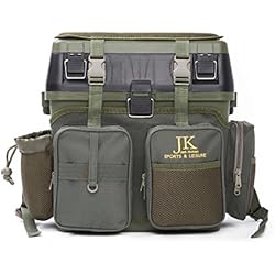 JK ocio – Asiento y caja con multiherramienta y soporte para caña de pesca para aparejos de pesca para todos los estilos de pesca con correa para el hombro