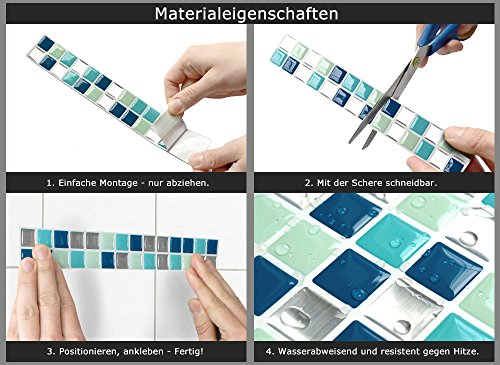 7er Pack 25,3 x 3,7 cm Wandaro selbstklebende 3D Fliesenaufkleber W3351 Mosaik Küche Bad Fliesendekor Fliesen Aufkleber Wandtattoo blau türkis silber - 6