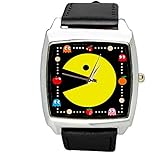 taport® Armbanduhr Pacman quadratisch QUARZ schwarz Leder Band + Gratis Ersatz Akku + Geschenk Tasche