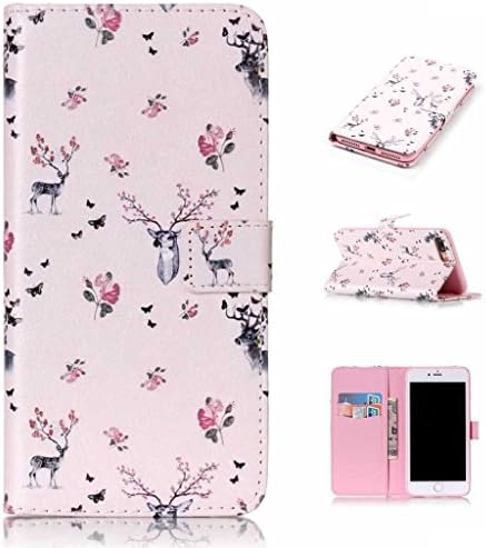 iGrelem® iPhone 7 Plus Case [with Free Tempered Glass Screen Protector], PU Leather Flip Protective Cover Case for Apple iPhone 7 Plus 5.5 Inch, Flowers, Butterfly, Deer, Bear Feather Colorful Pattern Design Wallet Case for iPhone7 Plus (Deer, Pink)