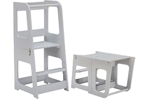 KYWAI® Tour d Observation Enfant- Tour d'Observation Montessori- Tour Montessori Pliable- Transformable en Bois, Convertible en Bureau et Tabouret. (Gris)