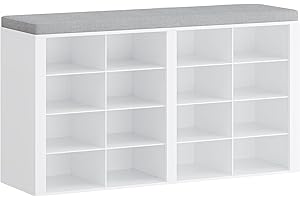 Hzuaneri Shoe Storage Bench with Padded Seat, Shoe Rack Bench with 16 Open Compartments, Adjustable Shelves, Shoes Cabinet with Cushion for Hallway, Living Room, Bedroom, Entryway, White, SB25603GY