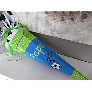 #101 Fussball Kicker Fussballer türkis-grün Schultüte Stoff + Papprohling + als Kissen verwendbar