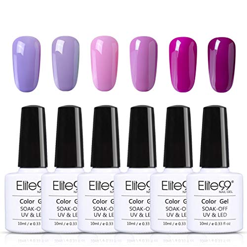 Elite99 Esmalte de Uñas, Esmaltes Semipermenentes para Uñas, 6pcs Kit de Uñas de Gel, Soak off Pintauñas de Colores para Manicura 10ml - Morado 018