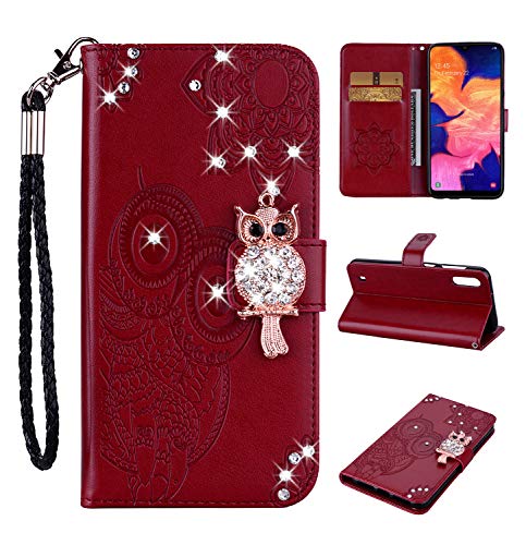Preisvergleich Produktbild für Lederhülle Galaxy A10 Klapphülle Handyhülle Glitzer Diamant Eule (4)