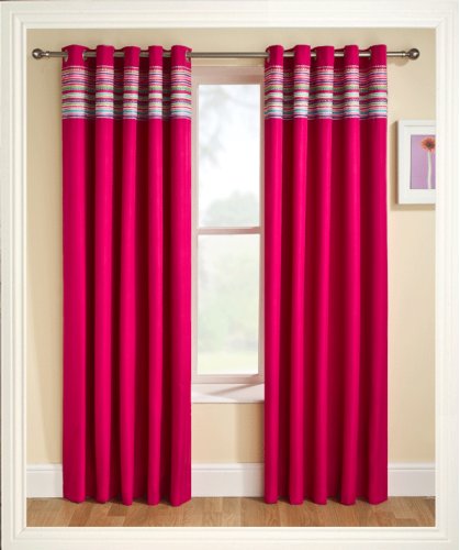 Ready Made Eyelet Thermal Blackout Curtains with Co-ordinating Aztec Detail Panel. Colour and Size: Fuchsia Pink 117cm (46") x 137cm (54")