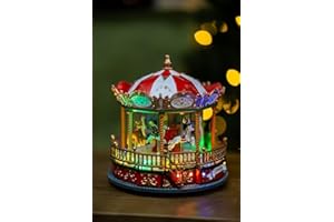 MARCO PAUL INTERIORS Marco Paul Musical Merry-Go-Round Animado Giratorio Iluminado Escena de Carrusel de Navidad Decoración de Navidad con LED multicolor Navidad Festiva hadas luces musicales funciona con pilas