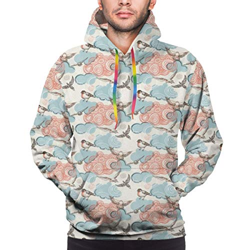 Hicyyu Men's Hoodies Sweatershirt,Celestial Dashed Theme with Patched Cloud Icons Sparrow Birds and Domestic Pigeons,3D Printing Long Sleeve Casual Sweatershirt Tops,Size XXL