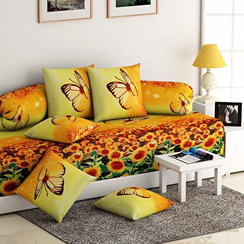 Decorista Cotton Floral Diwan Set with Cushion Covers and Boosters in 70% 5D, Yellow, Standard