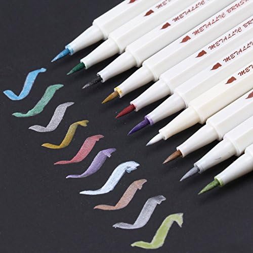Metallic Calligraphy Brush Marker Pens - Set of 10 Colors, Metallic Color Painting Pen for Rock Painting, Mug Design, Card Making, Script Lettering, DIY Photo Album (Brush Tip)