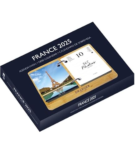 Draeger Paris - Coffret Agenda Éphéméride Yvon France 2023 - 365 Jours, 7 Langues, Socle Bambou, Papier FSC & Encres Végétales