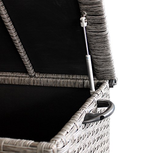 Auflagenbox Kissenbox Gartenbox Gartentruhe Aufbewahrungsbox Aufbewahrungskiste Kissentruhe – mit Hubautomatik, 134x56x65cm, Poly Rattan, Rollbar, Grau - 4