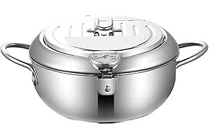 JIAKALAMO Tempura Fritteuse Tempura, japanische Fritteuse aus Edelstahl, antihaftbeschichtet, mit Temperaturkontrolle, Deckel und Ölabtropfgestell, für gebratenes Huhn, Garnelen (20 cm, 2,2 l, 201)