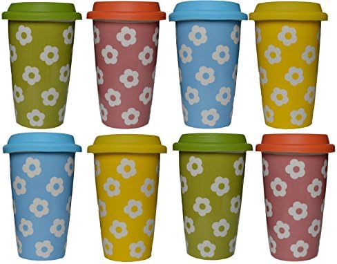 Double Walled Travel Ceramic Mug with Silicone Lid - Flower Pattern