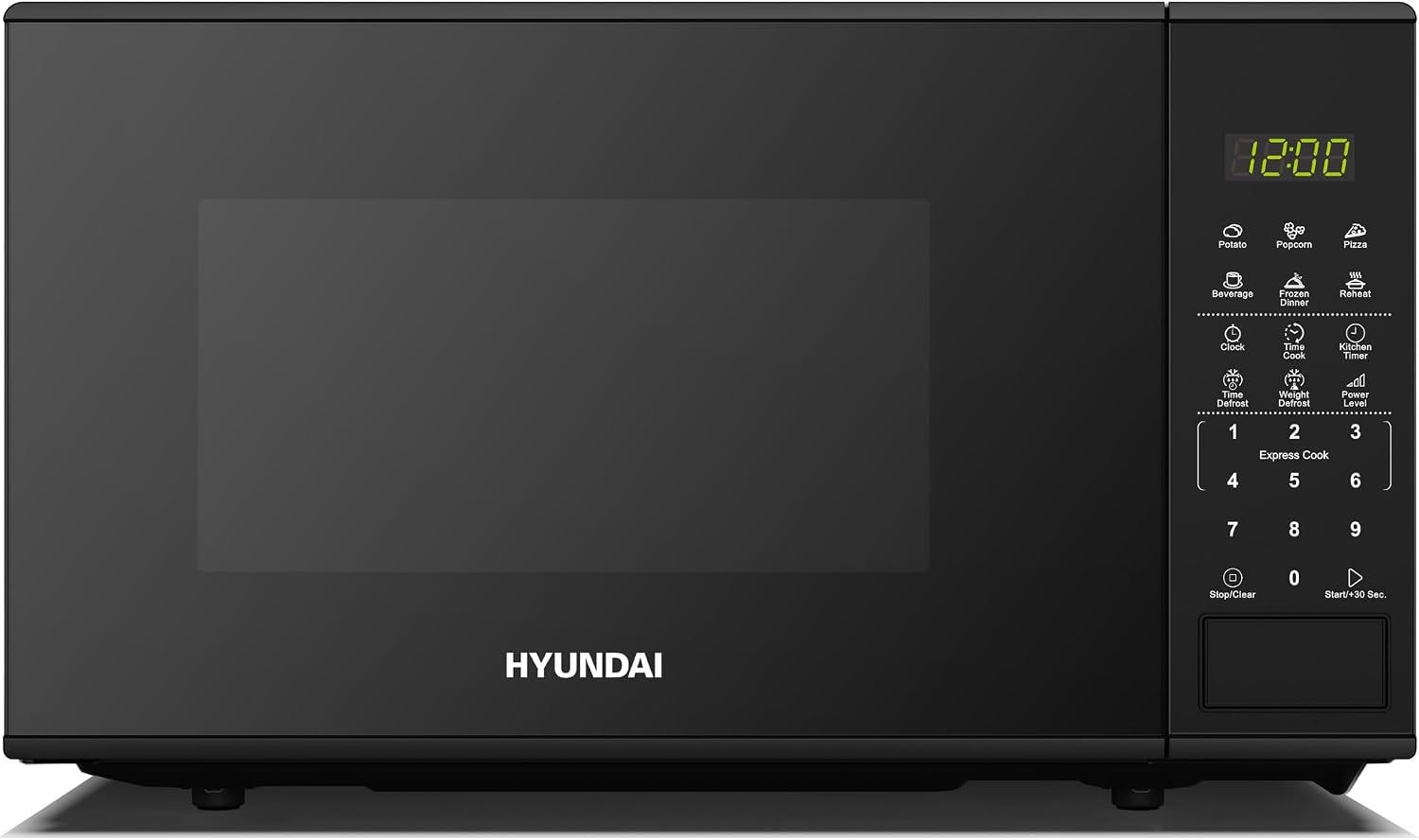 Hyundai 800W 20L Black Digital Microwave, Stainless Steel Interior, 11 Power Levels, Automatic Defrost, 6 Auto Cook Modes, Clock and Timer, Digital Controls, Easy Clean & Child Lock