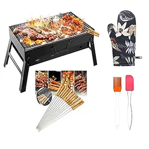 BVB mart Foldable Charcoal Barbecue and Tandoor Grill Stand for Outdoor Picnic Camping and Traveling ( BBQ , Big 12-stick, Silicon Brush-Spatula, Gloves )