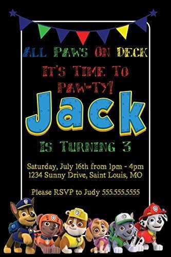 Custom Birthday Party Invitation - Paw Patrol, Primary Colors with Black Background