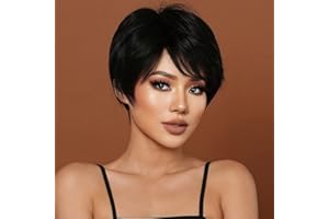 Creamily Pelucas cortas negras para mujer naturales con flequillo Pelucas cortas para mujer Peluca para mujer