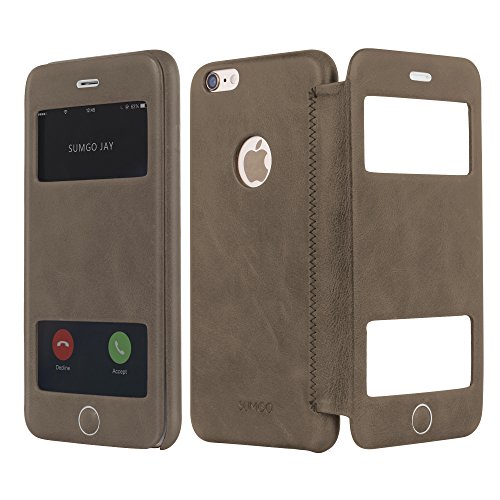 SUMGO® Apple iPhone 6, 6s Hülle echt Leder Schutzhülle Flip Cover mit Sichtfenster View Back Case Tasche – in Beige Braun - 2