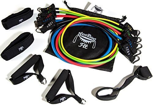NeeBooFit Resistance Band Set - 5 Exercise Bands with 2 Handles, 2 Ankle Straps, Door Anchor, Carry Bag and Exercise Booklet