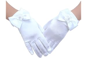 Yunobi Girls Silky Satin Fancy Gloves - Wrist Length Princess Dress up Bows Formal Gloves for Special Occasion Dress Formal Wedding Pageant Party Short Girls Gloves