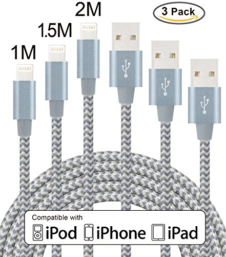 Flashstye 3 Pack 1M 1.5M 2M Phone Charger Nylon Braided Lightning to USB Cable Apple lightning cable for iPhone 7 Plus 6S Plus 6 Plus SE 5S 5C 5, iPad 2 3 4 Mini,iPad Pro Air, iPod.(Gray)