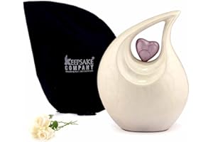 KEEPSAKE COMPANY Large Adult White Teardrop Urn with Purple Heart for Human Ashes Male - Urn for Adult Men and Women - Heart Urn, 2.5 LTR,White With Purple Heart