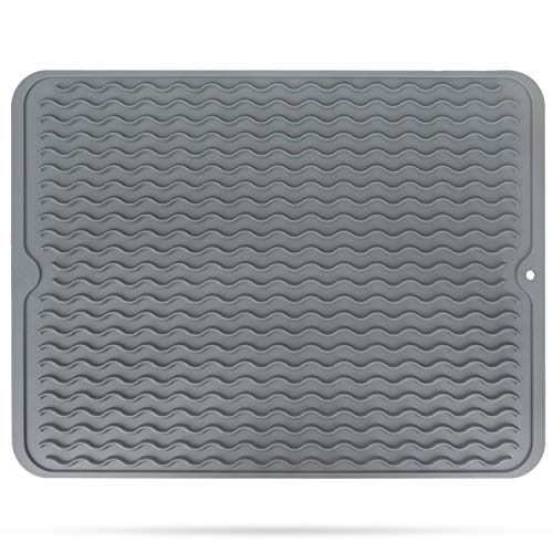 STYDDI Large Silicone Dish Drying Mat 15.8"x12" Anti-Bacterial Draining Boards Trivet Mat Heat Resistant Waterproof Dishwasher Safe, Kitchen Table Mat Easy to Clean (Grey)
