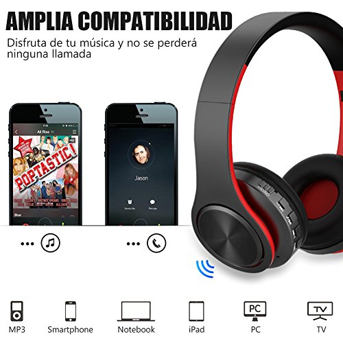 Cascos Bluetooth Inal  mbrico Est  reo de Alta Fidelidad Auriculares de Diadema Cerrados con Micr  fono  Manos Libres y Cable de Audio Orejeras Suaves para iPad  iPhone  M  viles Android  Ordenador  Tablet PC  Rojonegro 