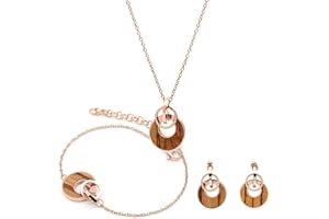 BEWELL Parure de Bijoux en Bois pour Femme, Colliers Pendentif en Bois avec Chaîne en Argent Boucles d'Oreilles Pendantes Accessoires de Mode