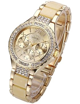 JSDDE Uhren,Damen Business Armbanduhr mit Strass unecht Chronograph Designer Panzerarmband Analog Quarzuhr,Beige-Gold