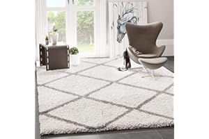 ‎VIMODA VIMODA Hochflor Teppich Weicher Wohnzimmer Shaggy Skandi Design Rautenmuster Grau Creme, Maße:80x150 cm